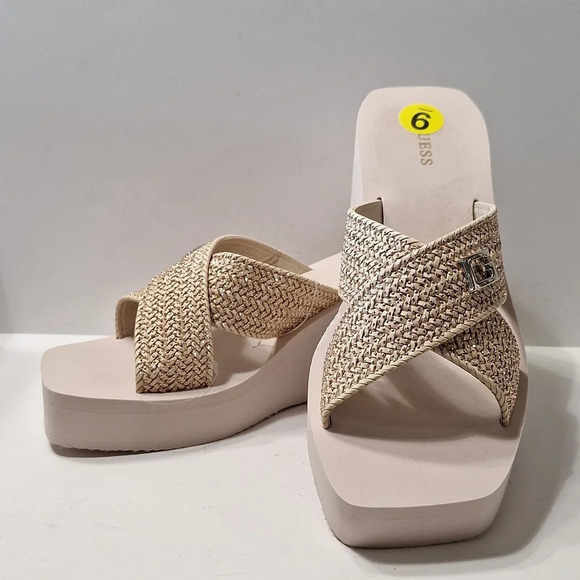 Guess "NEW" Coquette Beige Tan Metallic Crossover Strap Wedge Platform Sandal *9 - Picture 1 of 13